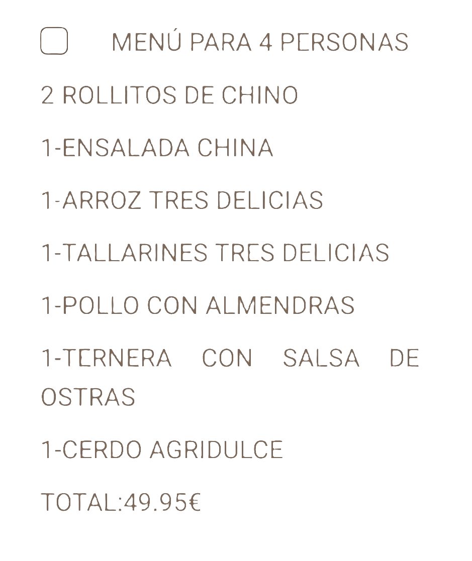 MENU(ESPECIAL )PARA 4 PERSONAS(oferta descuento)